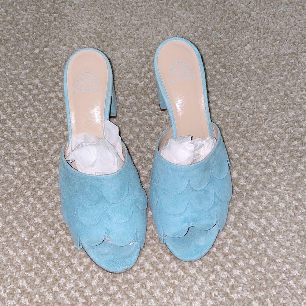 Dee Keller Scala Mules Seafoam Suede High Heels